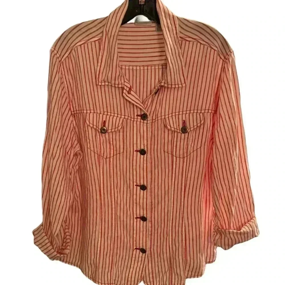 Chico's Pink and Brown Striped Button-Front Shirt